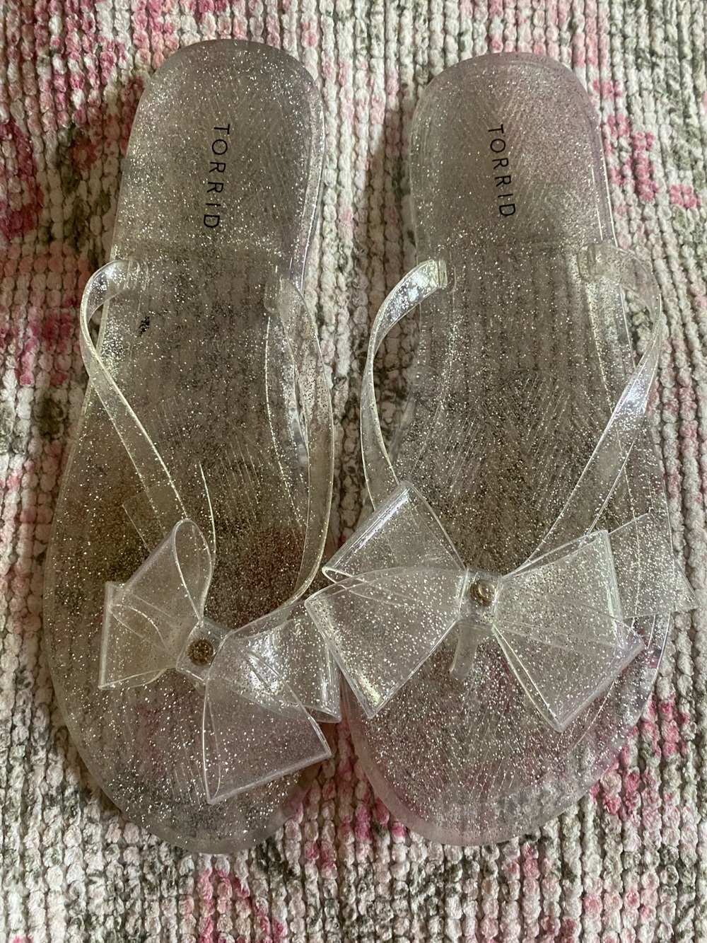 torrid Clear Glitter Bow Jelly Slide Sandals with Rhinestone Accent